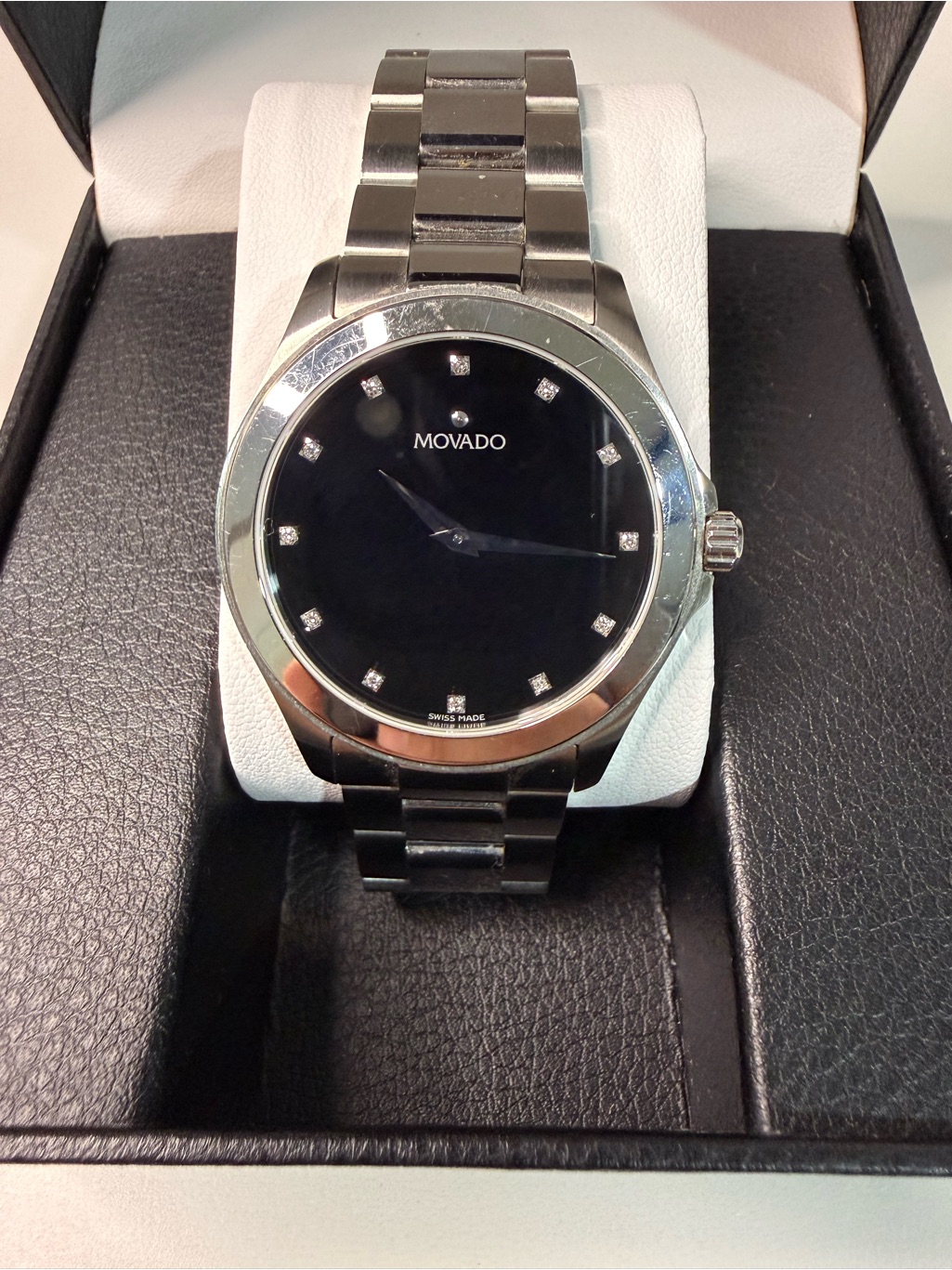 Movado Stainless Steel Bracelet Watch With Black Dial And Diamond Markers